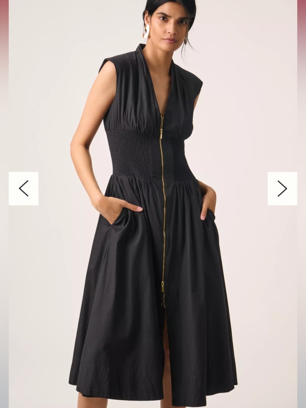 Anthropologie Navy Sleeveless Zip-Front Smocked Midi Dress
